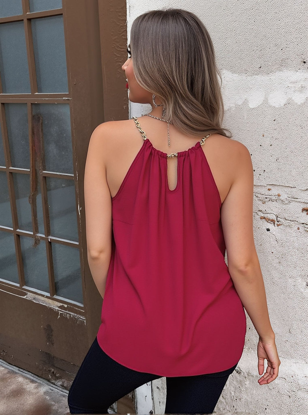 Wine Sleeveless Metal Trim Top