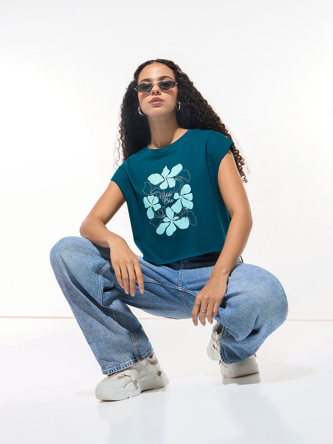 Teal Sleeveless Crop Boxy Printed Tees