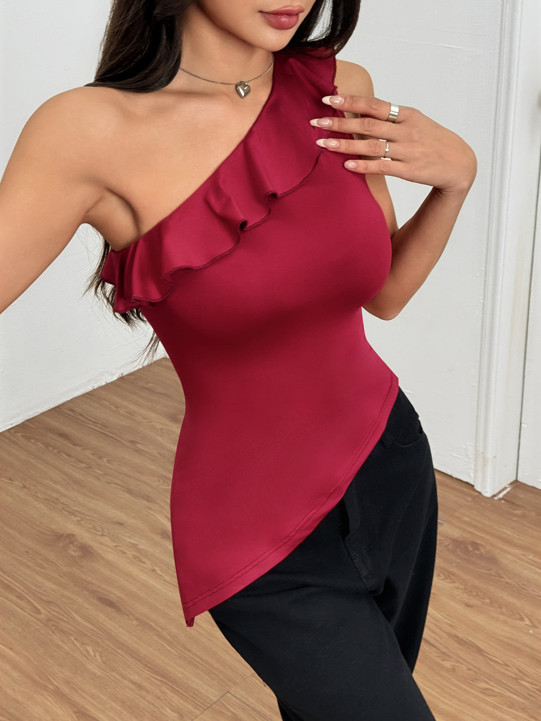 Wine One Shoulder Ruffle Hem Asymmetrical Top