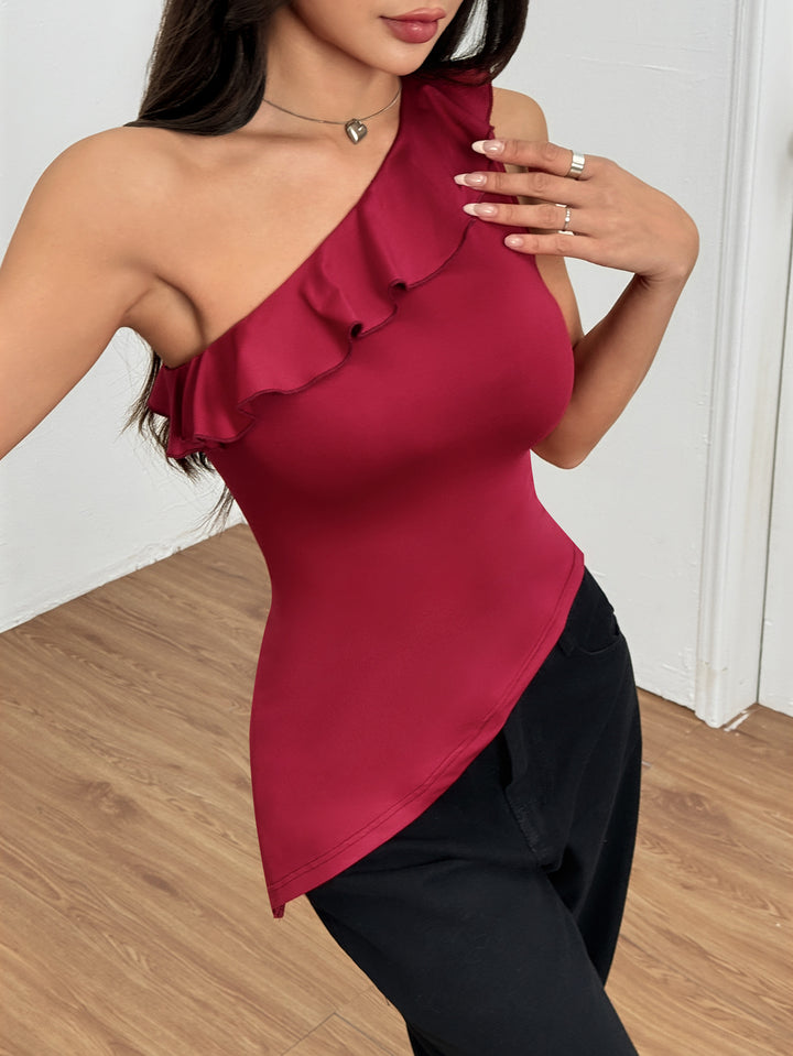 Wine One Shoulder Ruffle Hem Asymmetrical Top