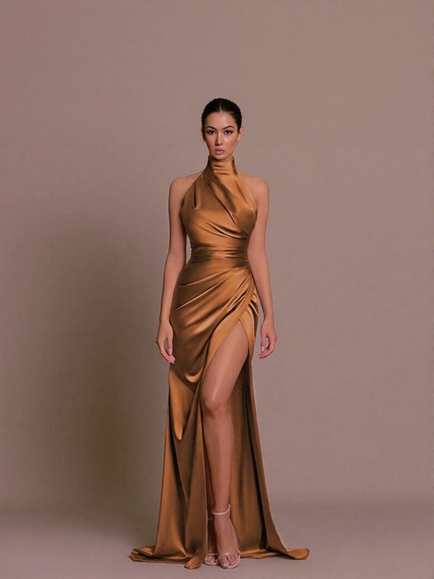 Orange  Halter Neck Satin Wrap Dress