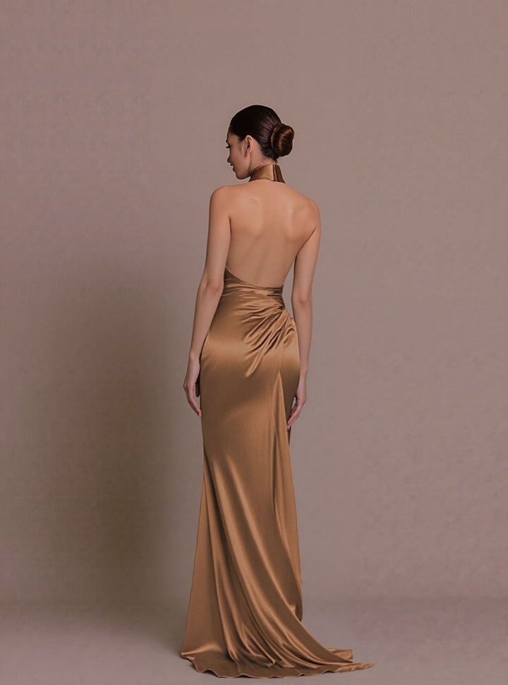 Orange  Halter Neck Satin Wrap Dress