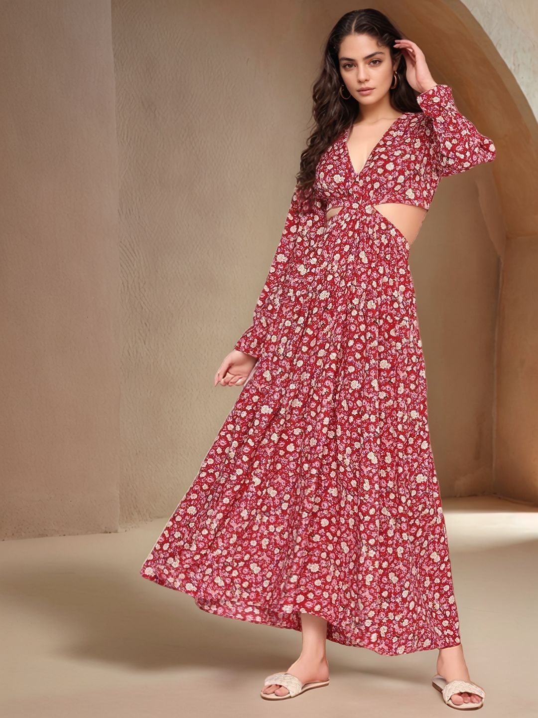 Red Full Sleeves Waist Cut-Out Printed Dress