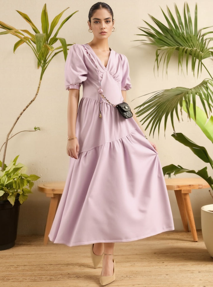 Lilac A-Line Dress With Puff Sleeve