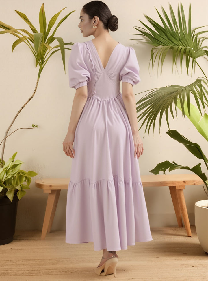 Lilac A-Line Dress With Puff Sleeve