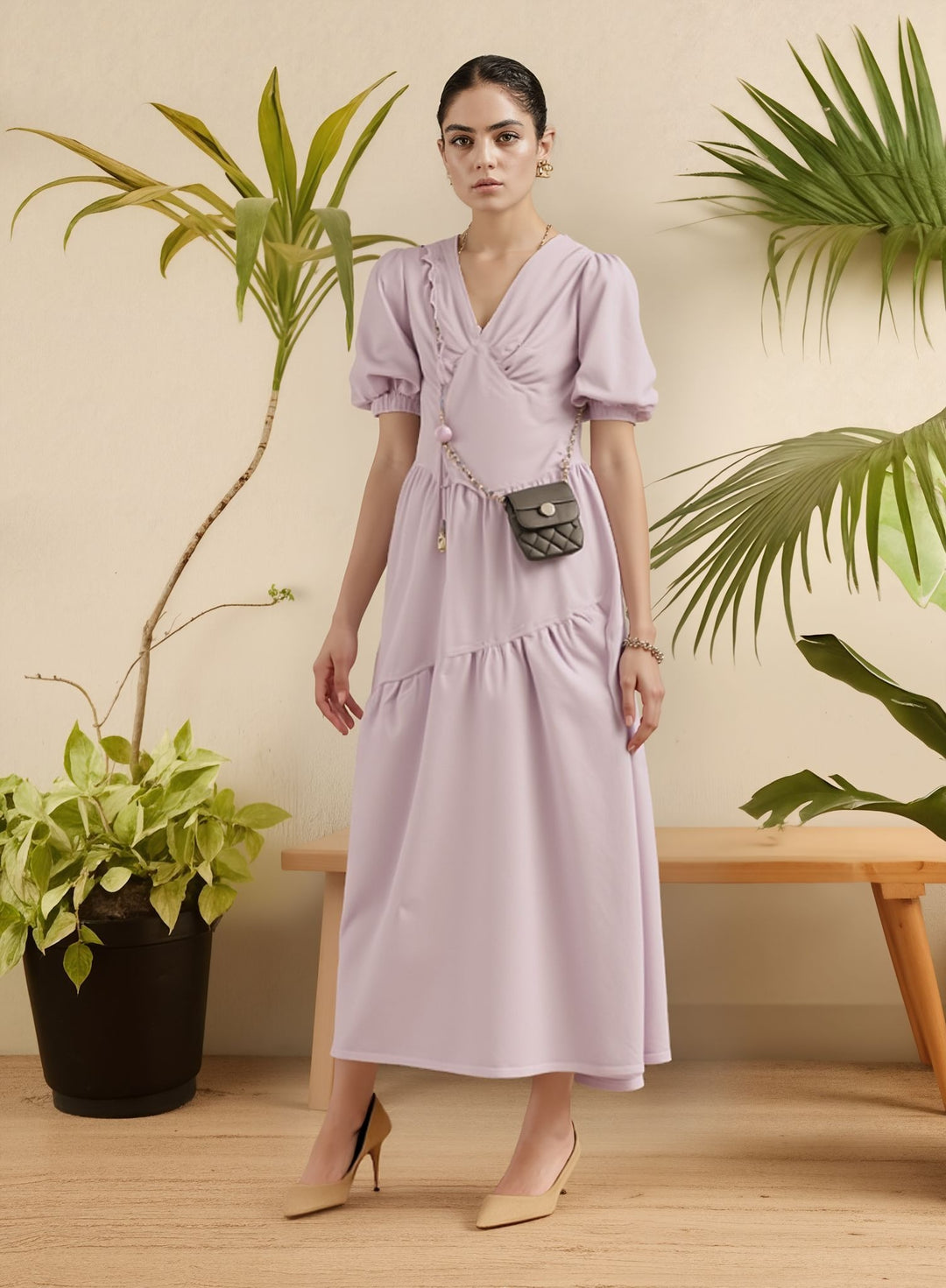 Lilac A-Line Dress With Puff Sleeve