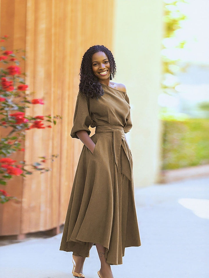 Beige One Shoulder Waist Tie Up Flared Dress