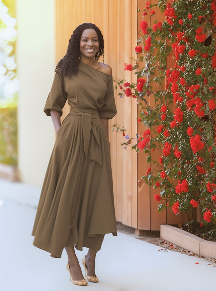 Beige One Shoulder Waist Tie Up Flared Dress