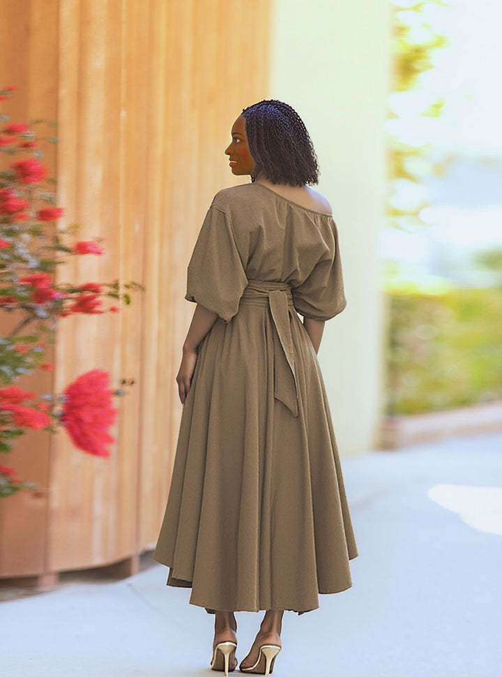 Beige One Shoulder Waist Tie Up Flared Dress