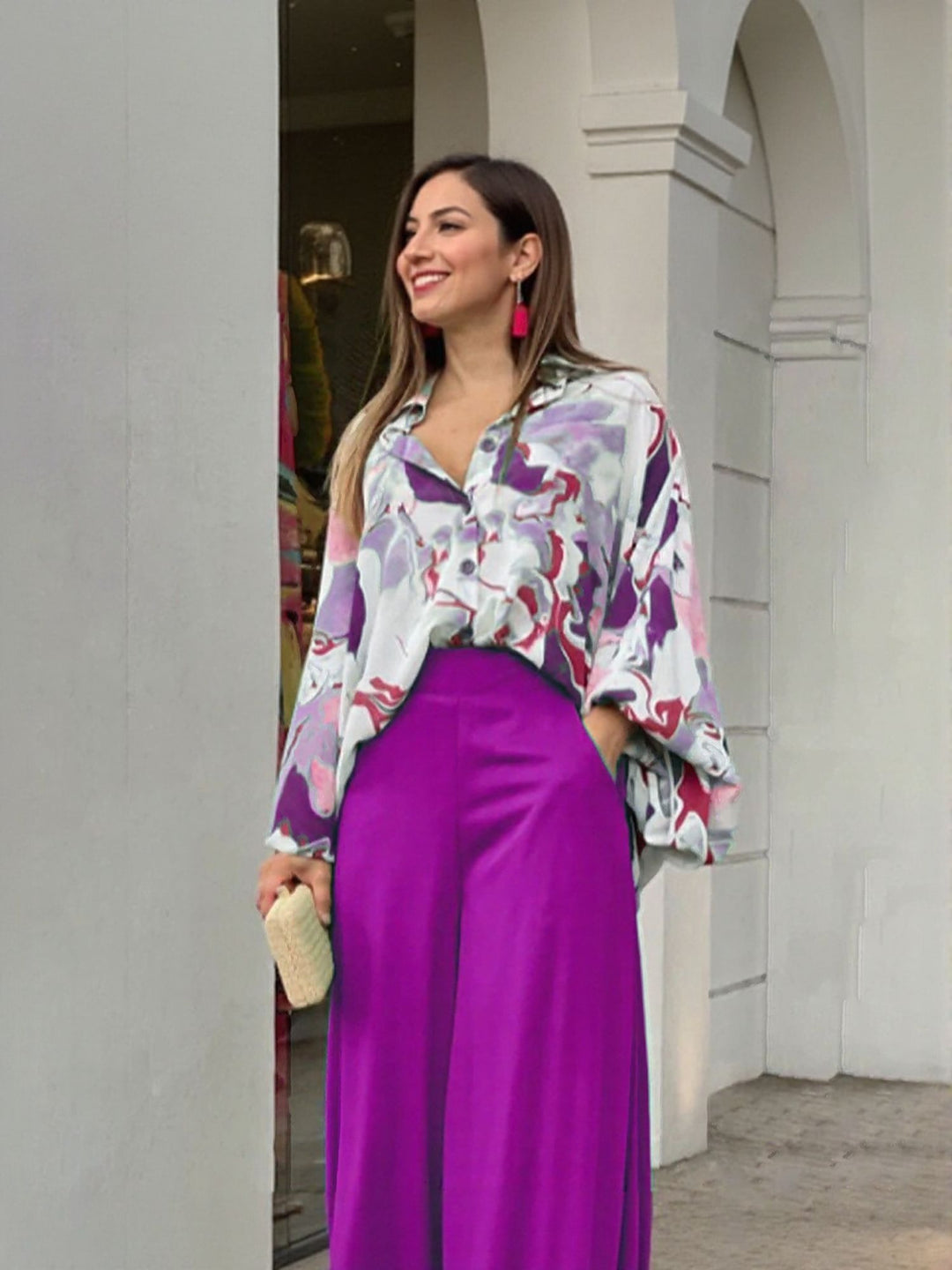Purple Printed Shirt And Solid Wide Leg Trouser Co-Ord Set