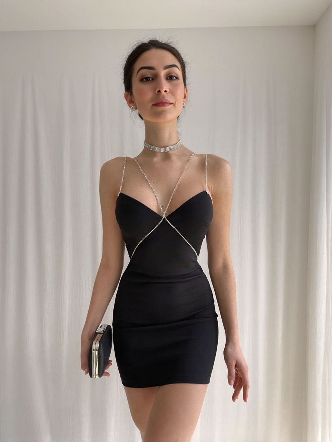 Black Spaghetti Strapped Sweetheart Mini Dress