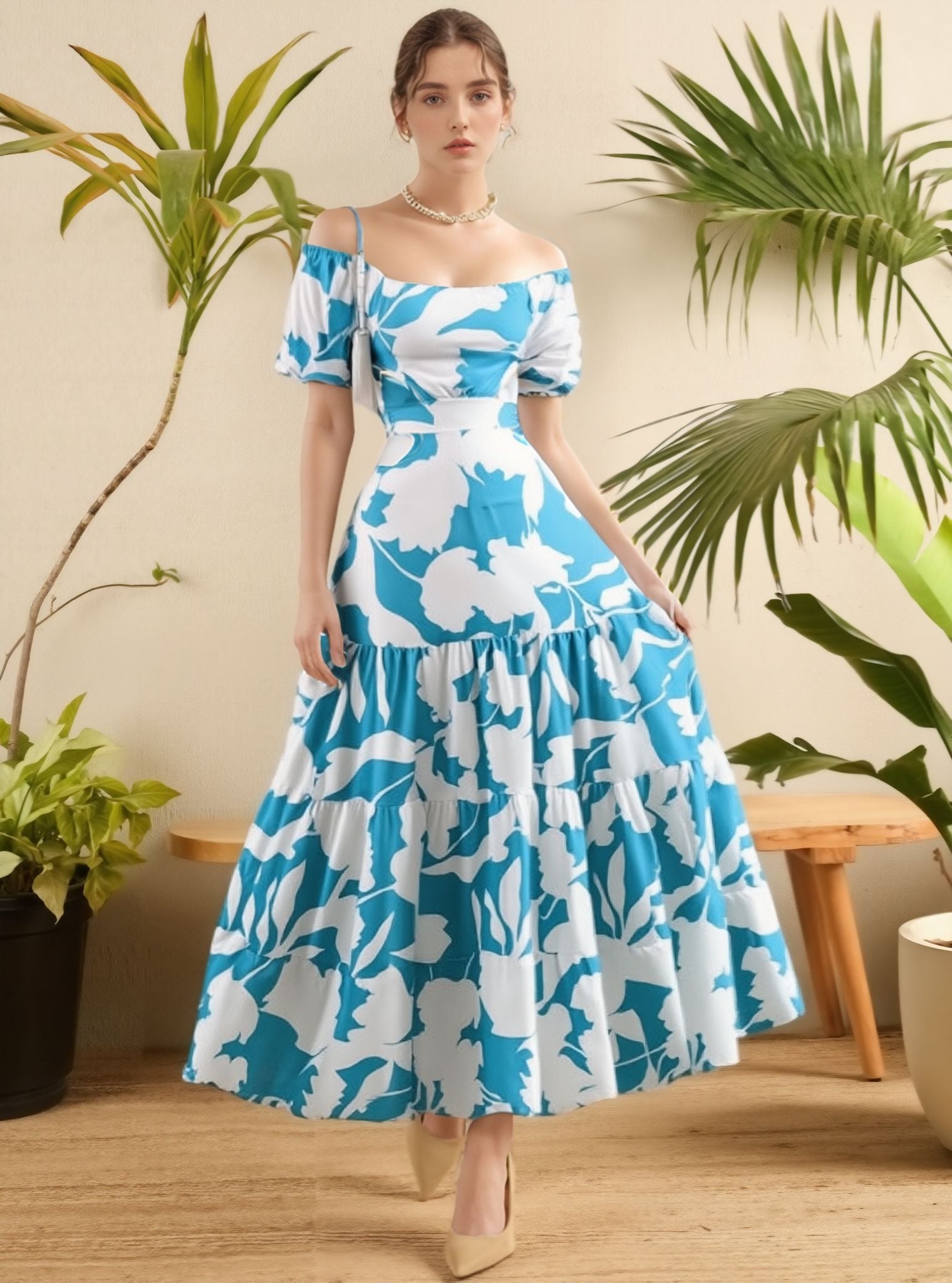 Blue Broad Neck Waist Cut Out Tiered Flared Maxi Dress