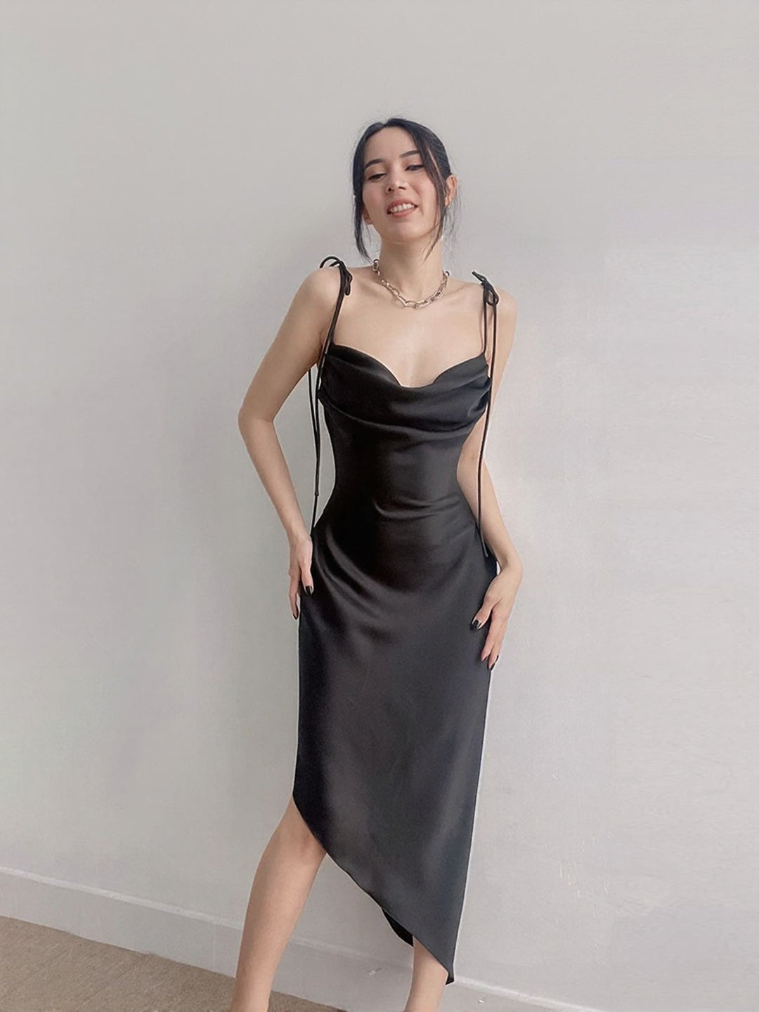 Black  Cowl Neck Satin Slip Dress