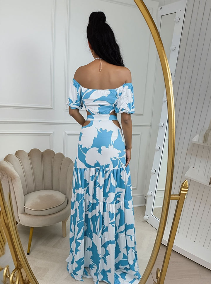 Blue Broad Neck Waist Cut Out Tiered Flared Maxi Dress