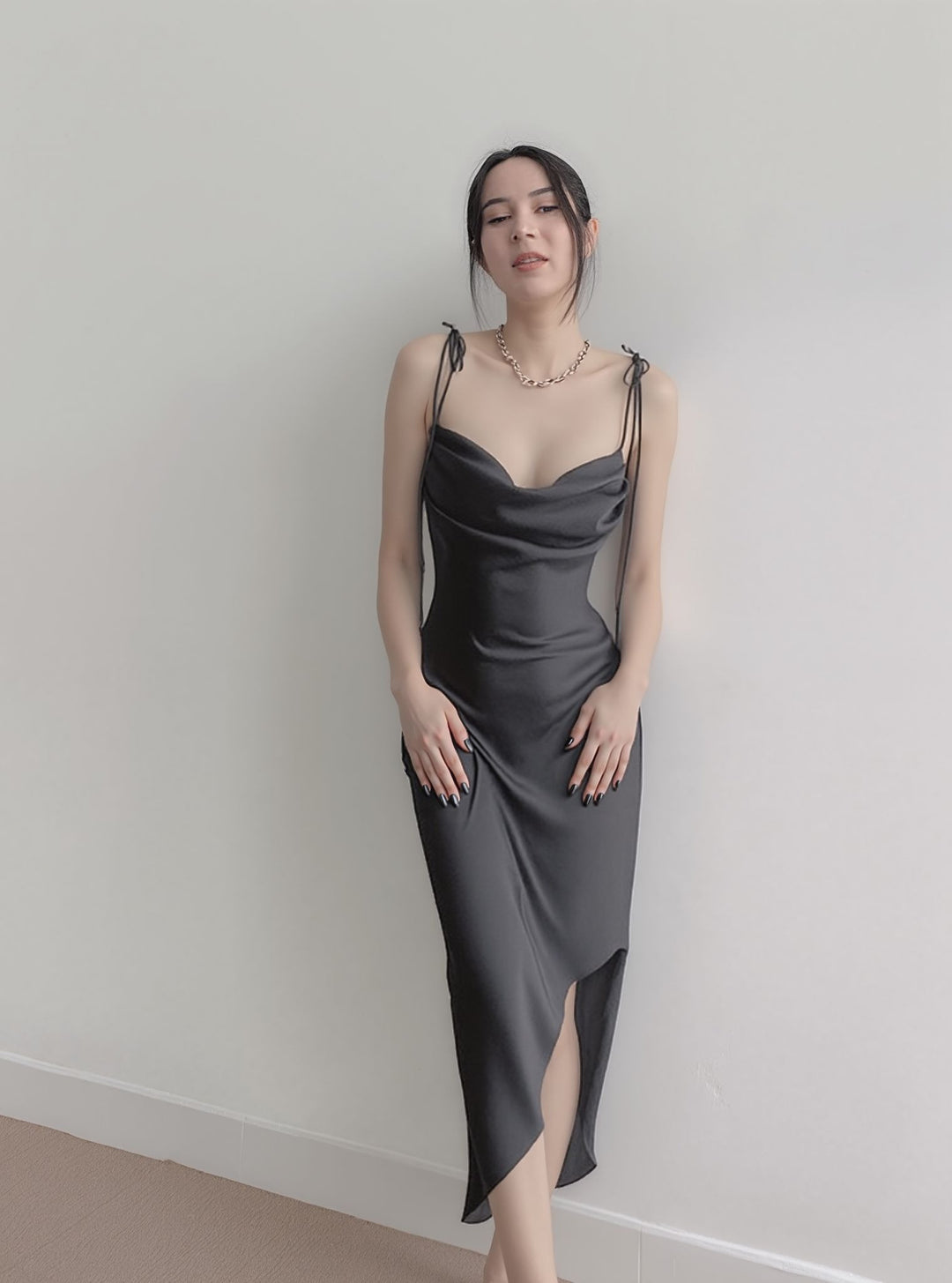 Black  Cowl Neck Satin Slip Dress