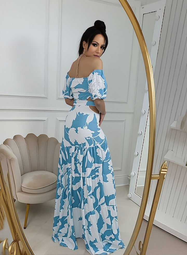 Blue Broad Neck Waist Cut Out Tiered Flared Maxi Dress