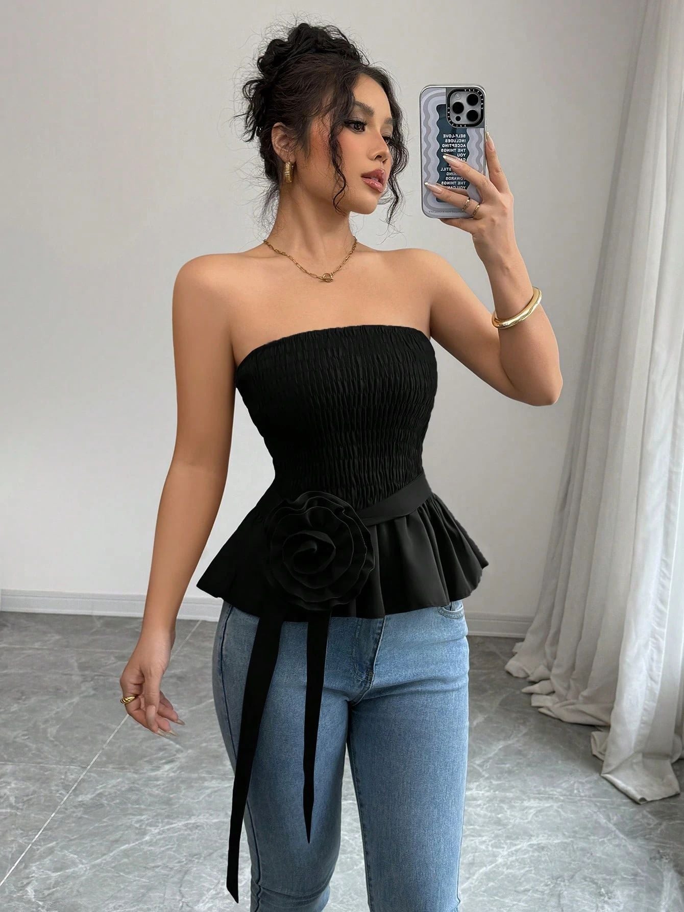 Black Strapless Smocked Top