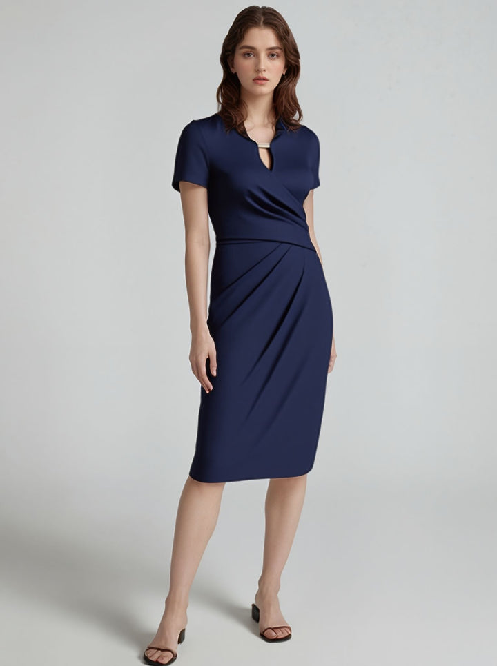 Key Hole Neckline Fitted Navy Blue Dress