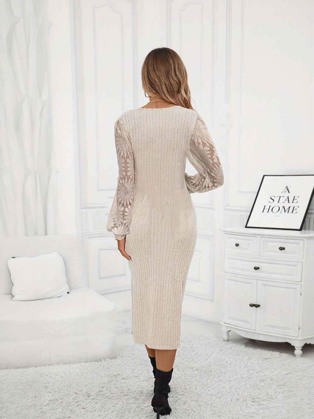 Beige Knitted Bodycon With Lace Sleeves
