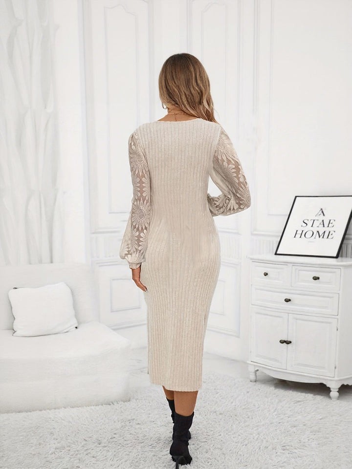Beige Knitted Bodycon With Lace Sleeves