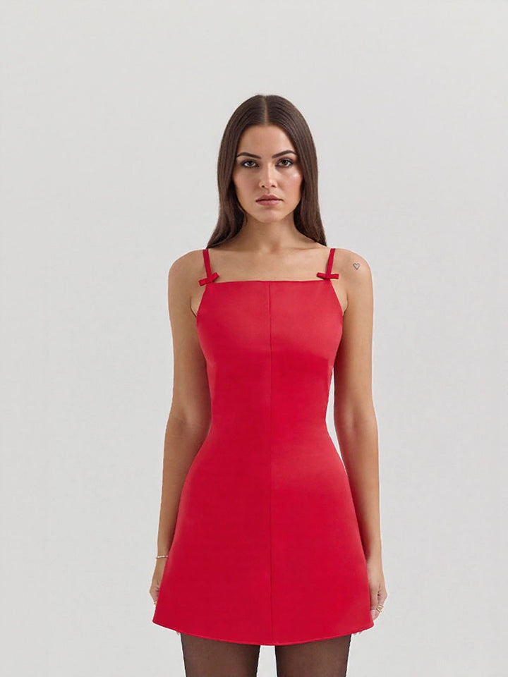 Red Solid Mini Bow Detailing Strappy Dress