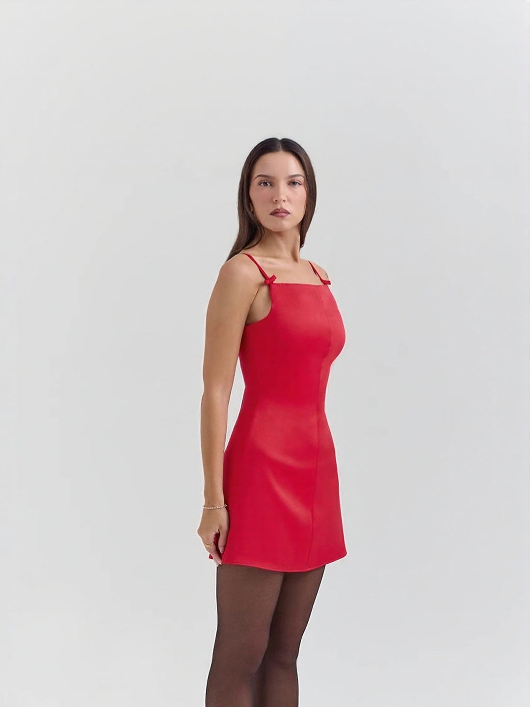 Red Solid Mini Bow Detailing Strappy Dress