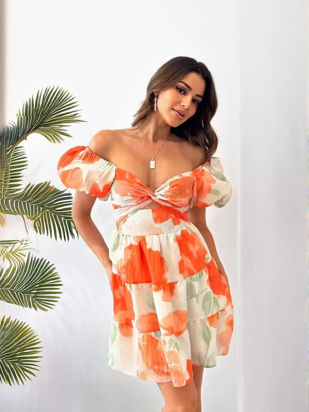 Orange Sweetheart Neckline Off-Shoulder Dress