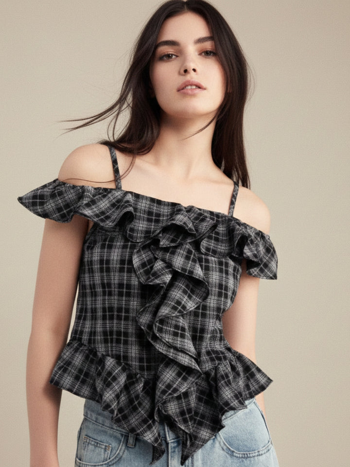 Black Off Shoulder Checkered Ruffle Detail Top