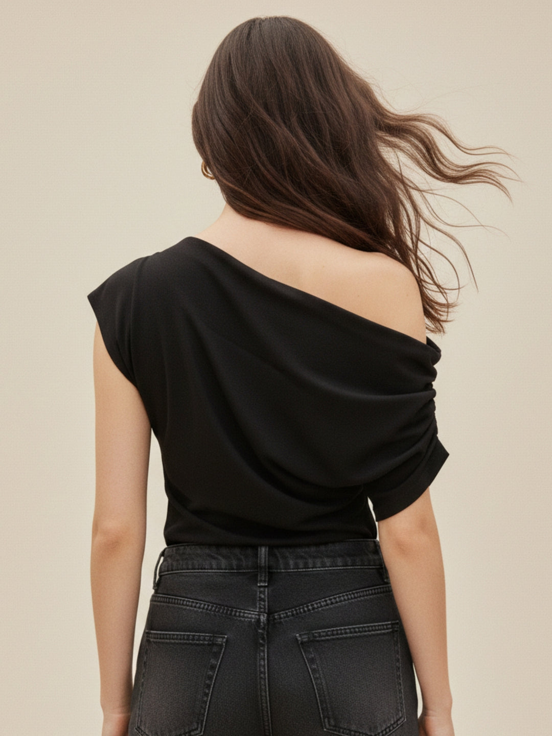 Black One Shoulder Extended Sleeves Top