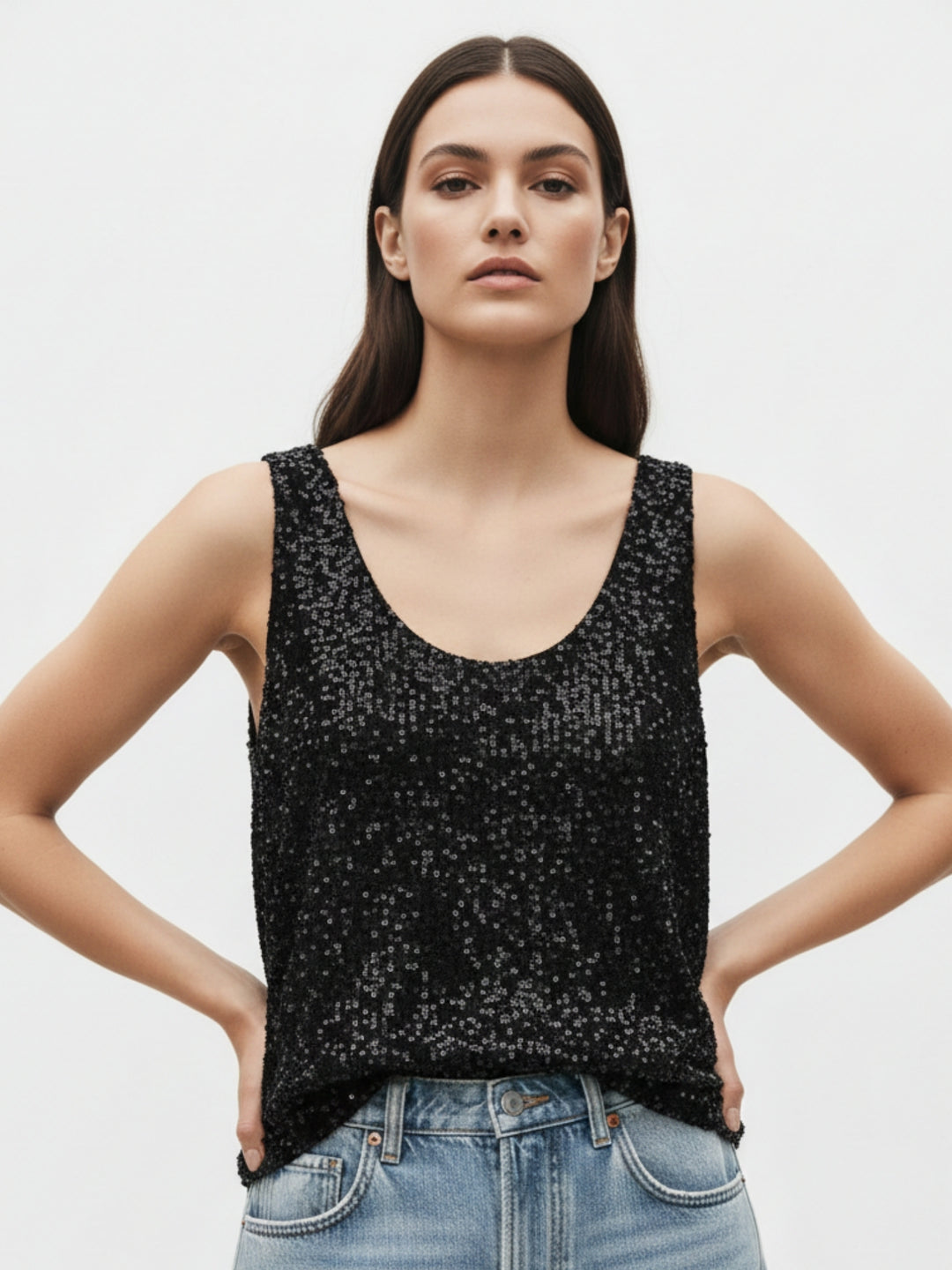 Black Shoulder Strap Sequined Top
