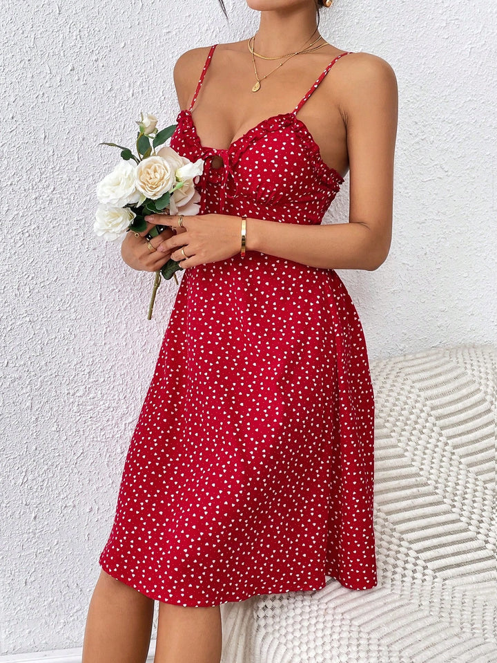 Red Printed Ruffle Hem Dress