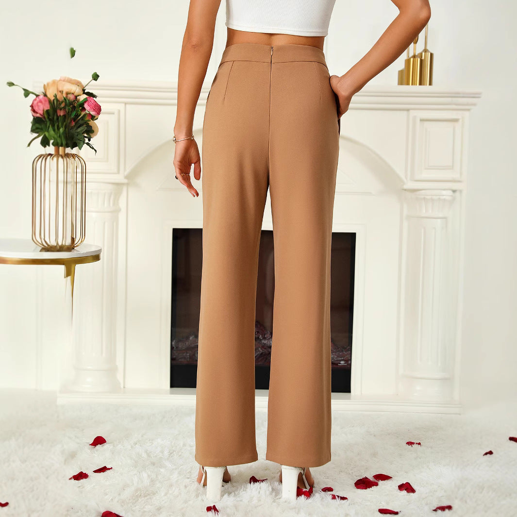 Beige Criss Cross Waistband Pin Tucked Trouser