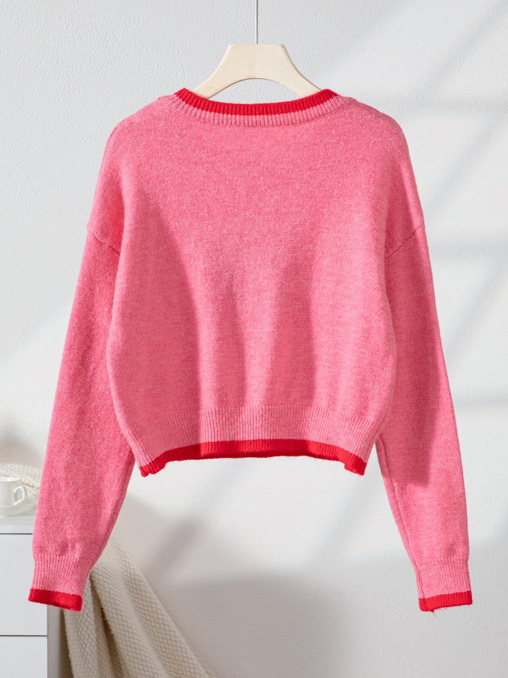 Pink Full Sleeves Printed Relaxed Sweater