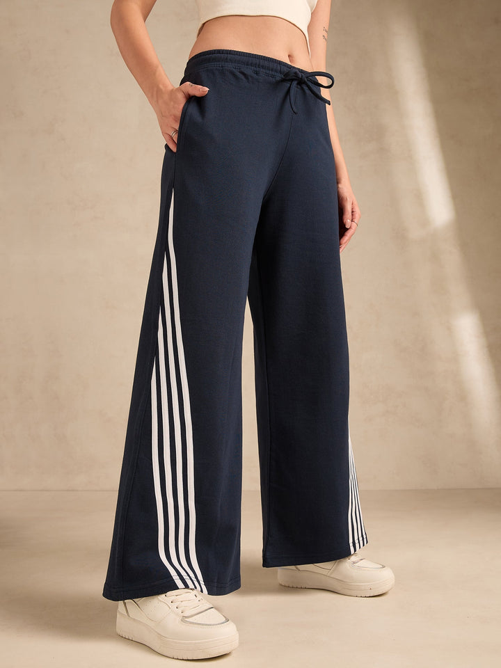 Navy Blue Contrast Striped Wide Leg Sweatpants