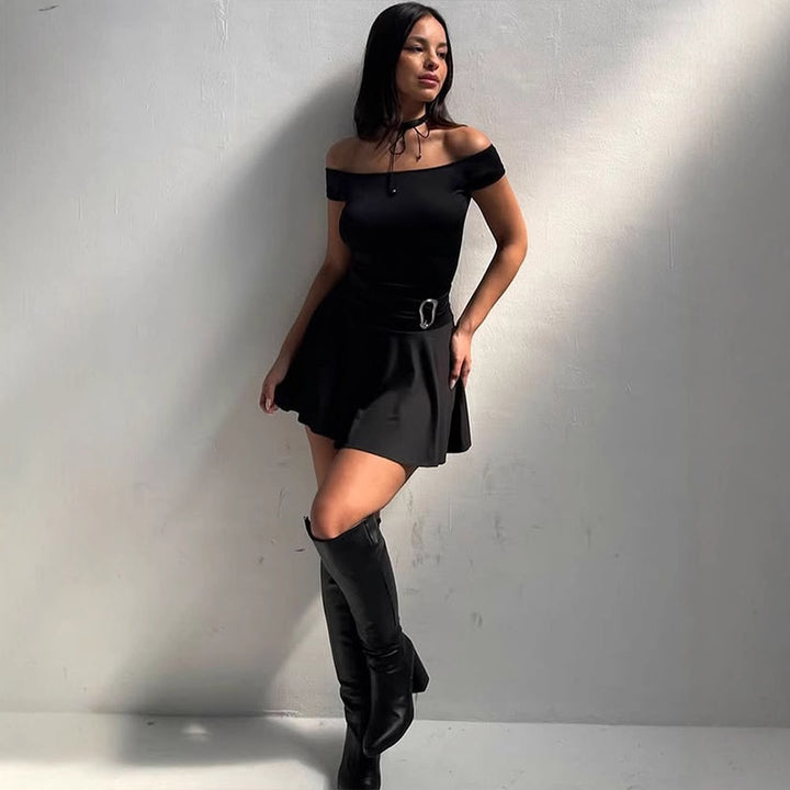 Black Off-Shoulder Skater Solid Dress