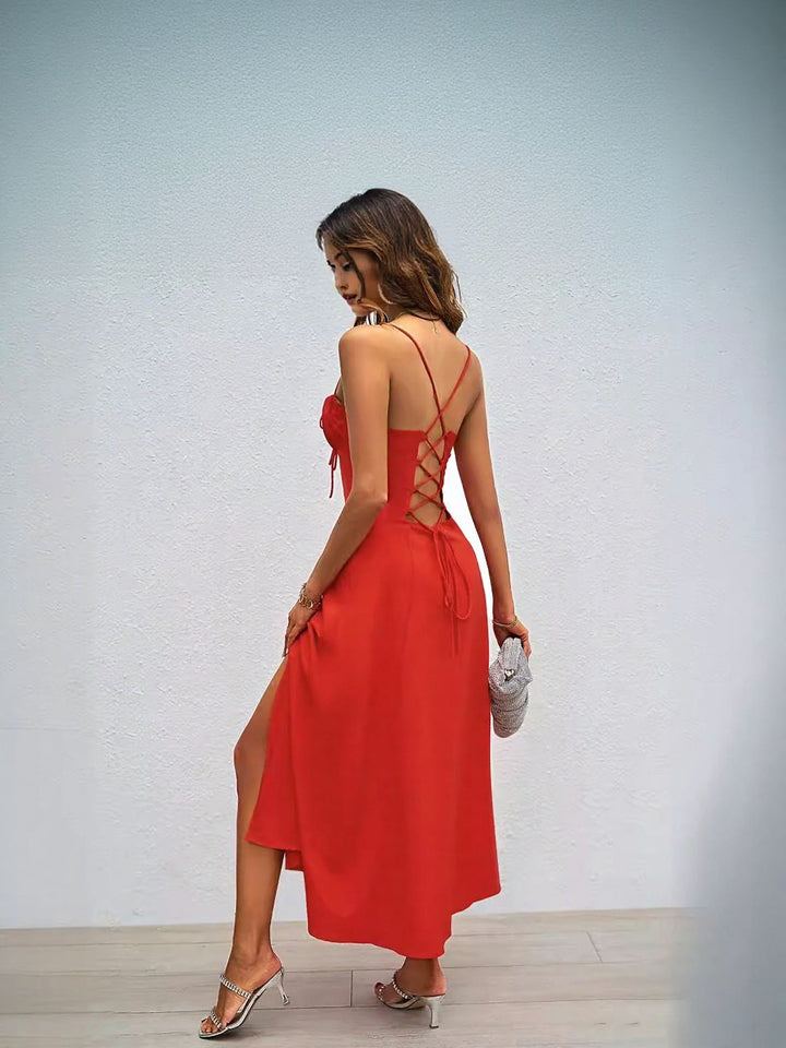 Red Sweetheart Neckline Tie Up Dress