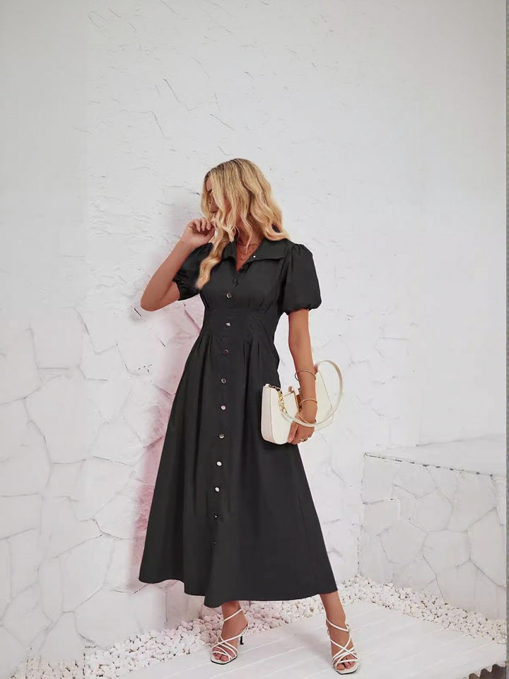 Black Button Down Sinched Waist Dress