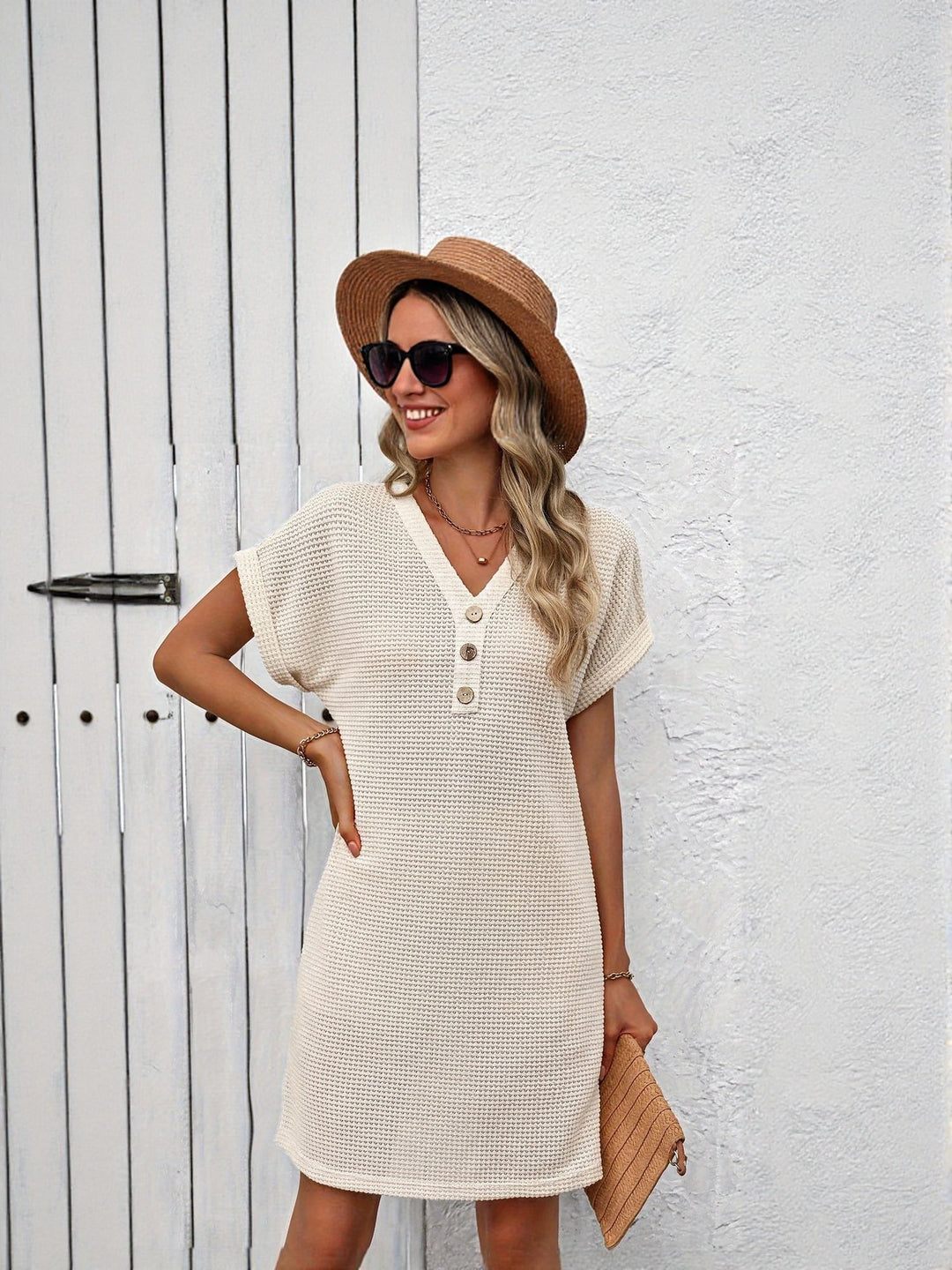 Beige Textured T-Shirt Dress