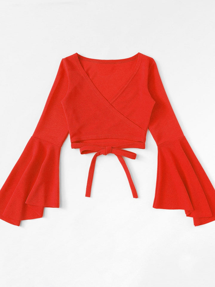 Red Butterfly Sleeve V Neck Wrap Top