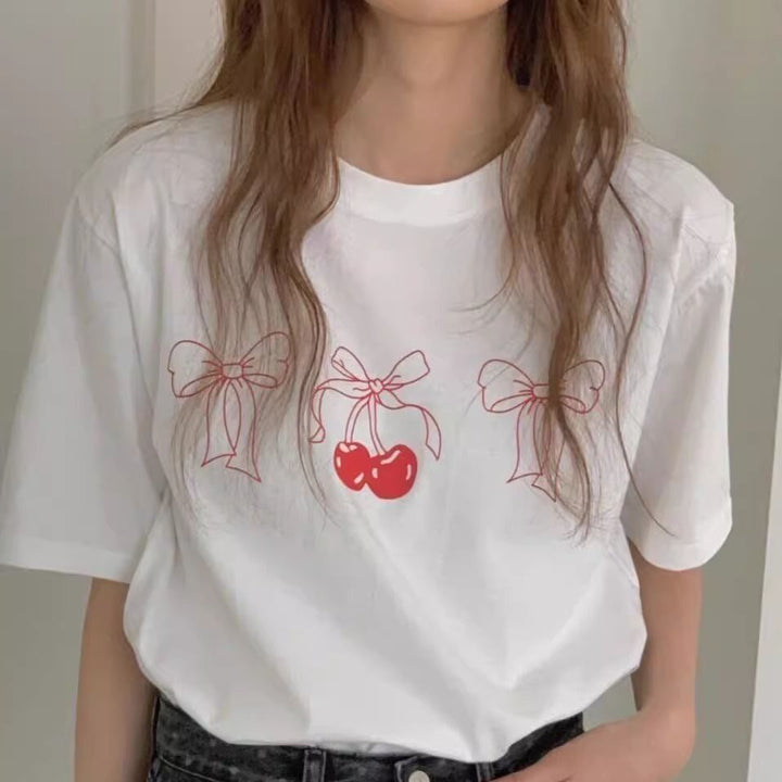 White Cherry Print Graphic T Shirt