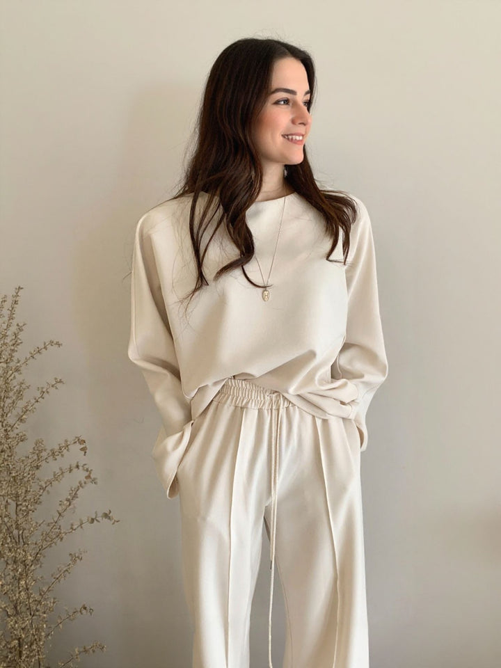 Solid Beige Relaxed Top And Pant Co-Ord Set