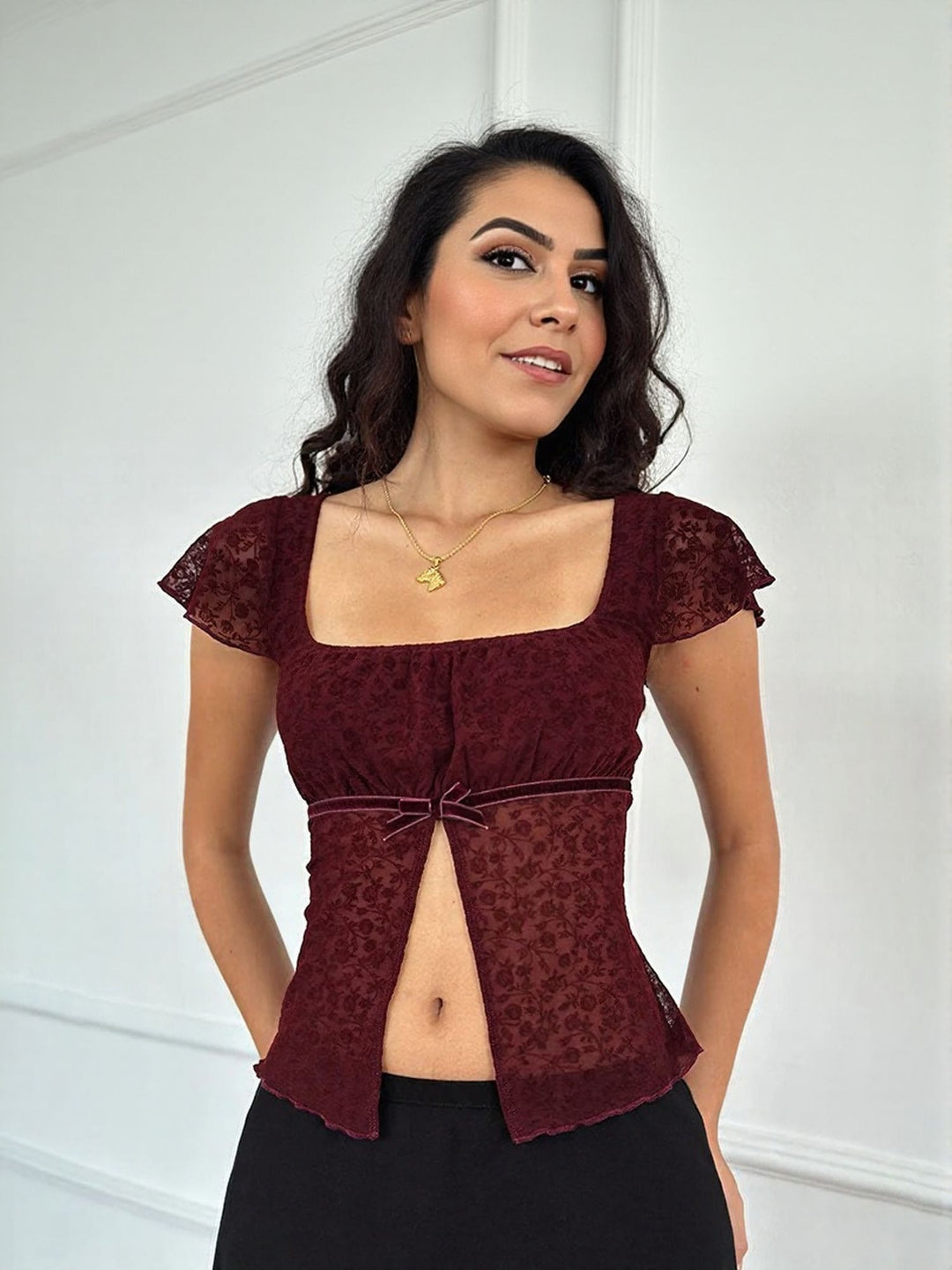 Red Lace Flutter Sleeves Top
