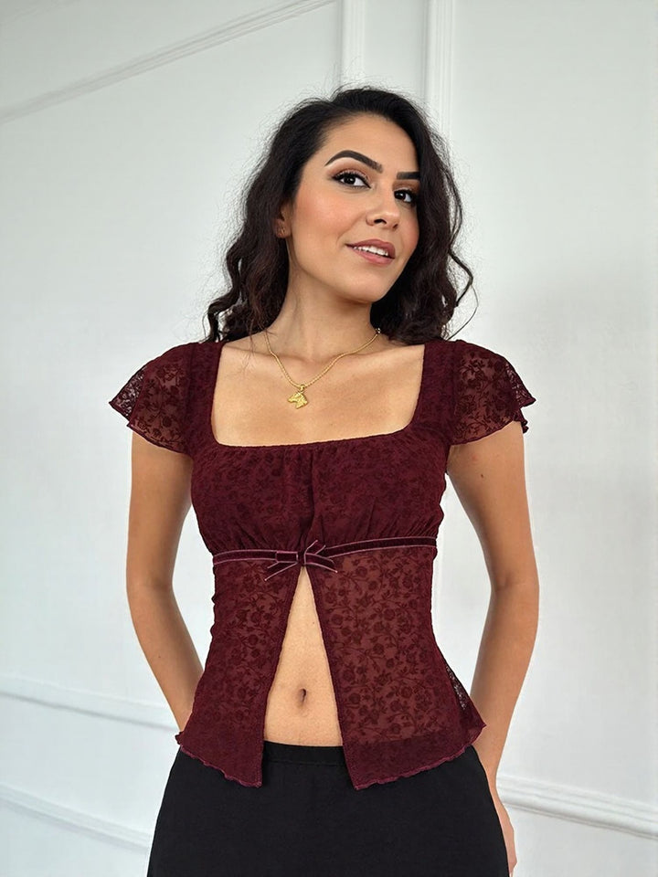 Red Lace Flutter Sleeves Top
