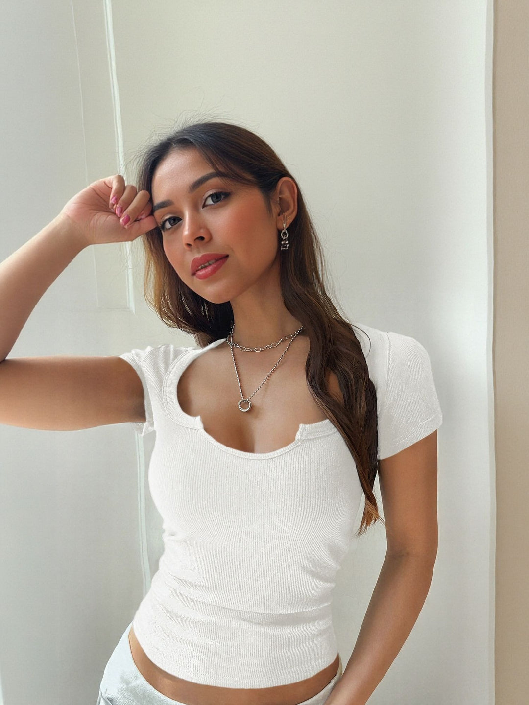 White Asymmetric Neck Rib Top
