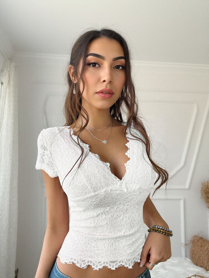 White Lace Plung Neck Top