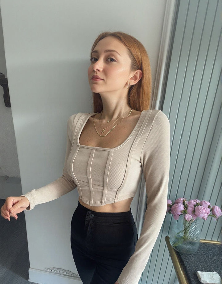 Beige Full Sleeves Corset Top