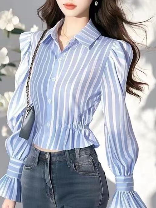 Blue Puff Sleeved Sinched Waist Shirt