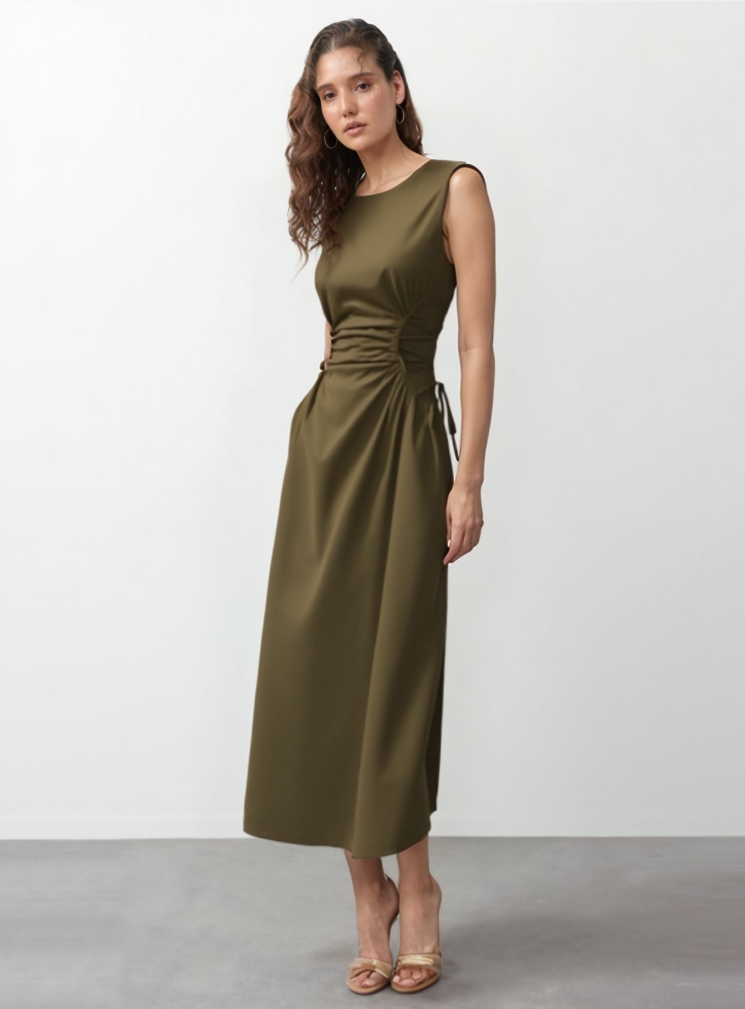 Green Elasticated Cinched Waist Dress