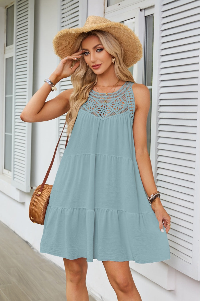 Blue Lace Inserts Tiered Mini Dress