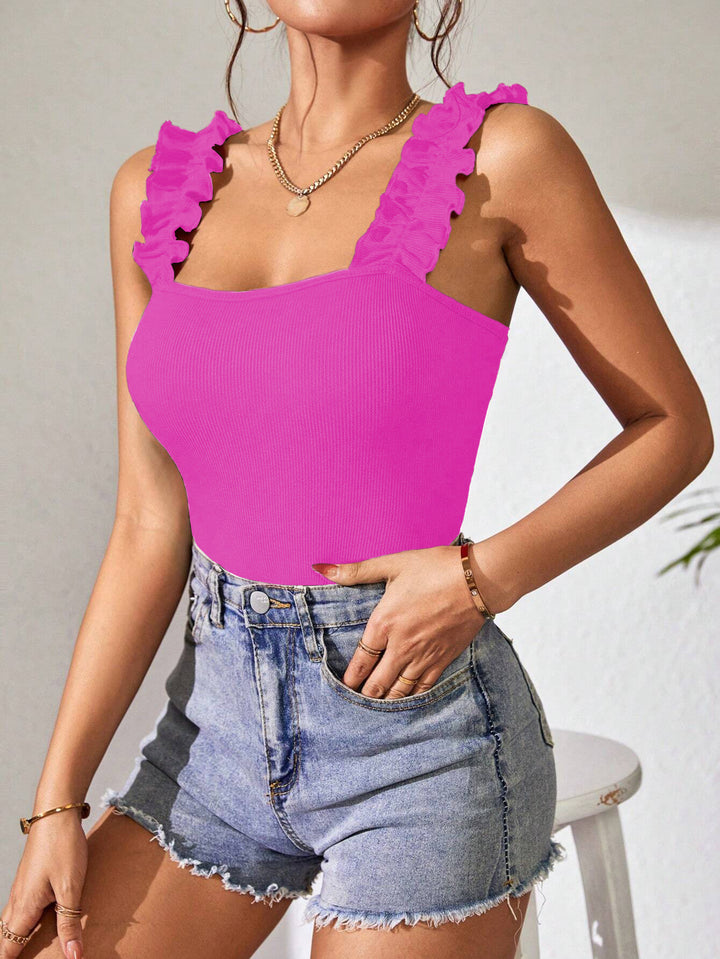 Magenta Square Neck Ruffle Bodysuit